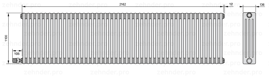 Схема (чертеж) Радиатор Zehnder Charleston 4110/47 №V004 Белый глянцевый RAL 9016